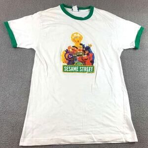 VTG Sesame‎ Street Medium White Green Ringer Graphic T Shirt USA Made